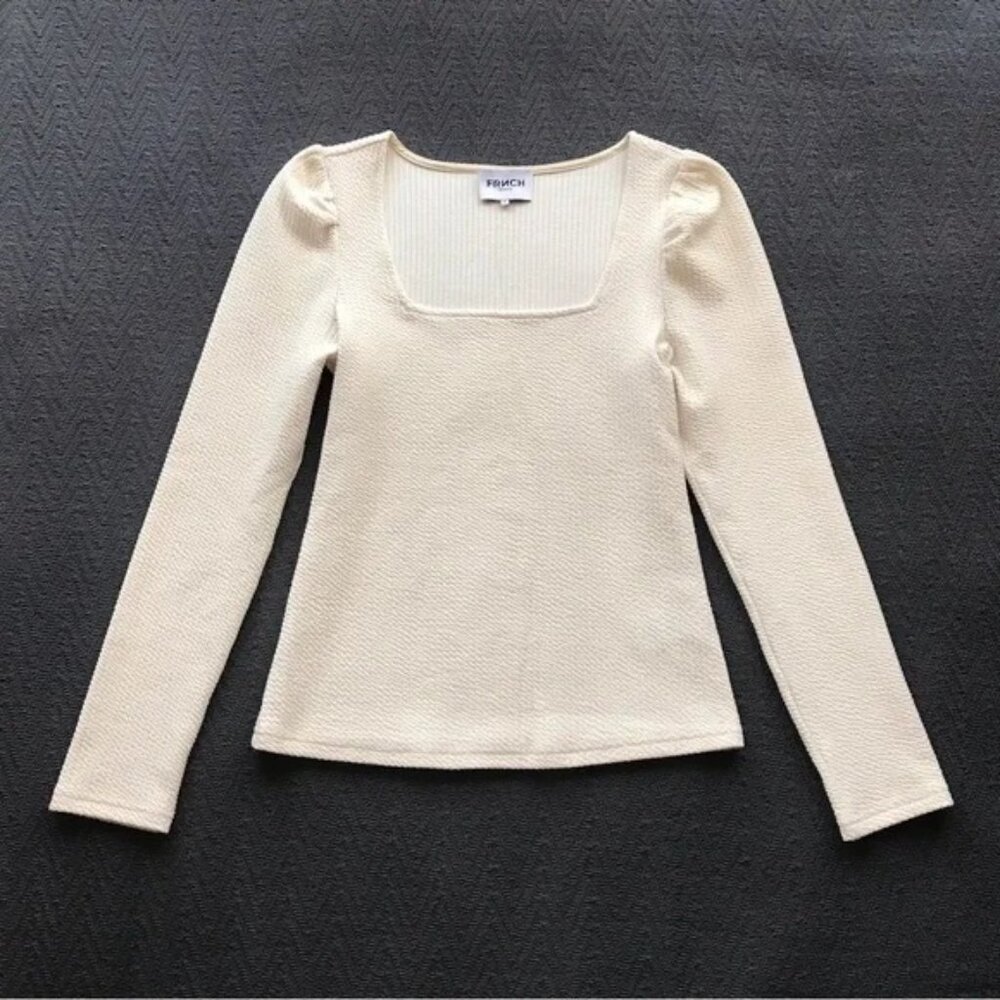 FRNCH Paris Ivory Cream White Square Neck Puff Sleeve Classic Knit Top Blouse L